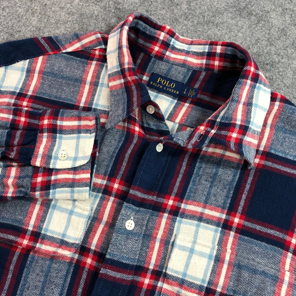 Polo Ralph Lauren Mens Button Down Shirt L Navy Blue Plaid Flannel Viscose Soft
